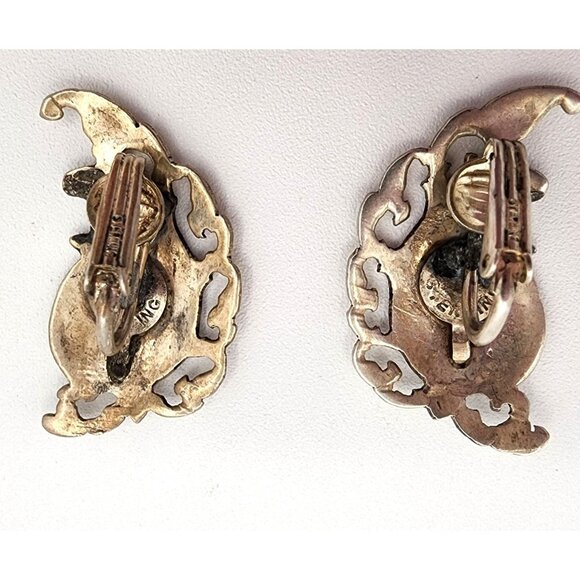 Vintage Sterling Siam Silver Niello Thai Dancer Clip-On Earrings Blue Enamel - Picture 4 of 5